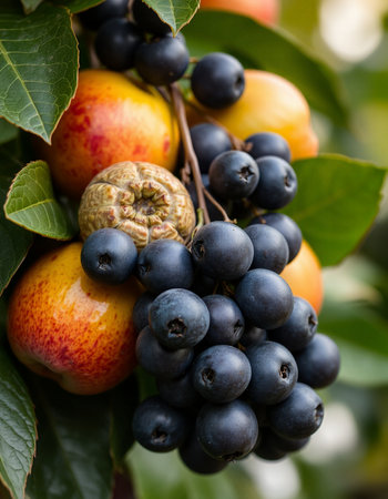 Ripe fruits of chokeberry on the branches of a tree.