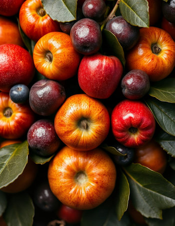 Fruit background with apples, cherries, plums and leaves
