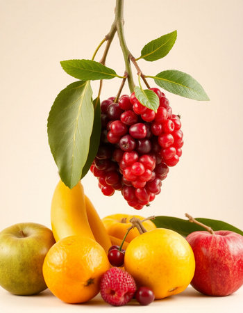 Fruits on a beige background. Ripe fruits and berries.の写真素材