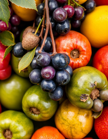 Variety of fruits and vegetables as a background. Top view.の写真素材