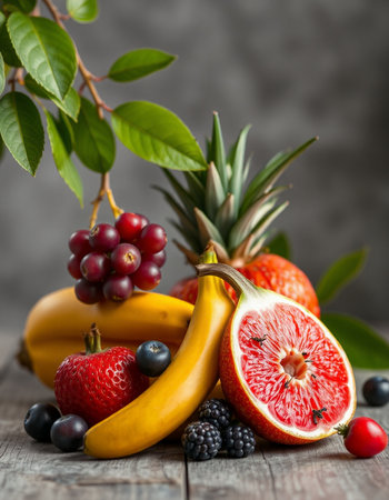 Fruits on wooden table with copy space, selective focus, verticalの写真素材