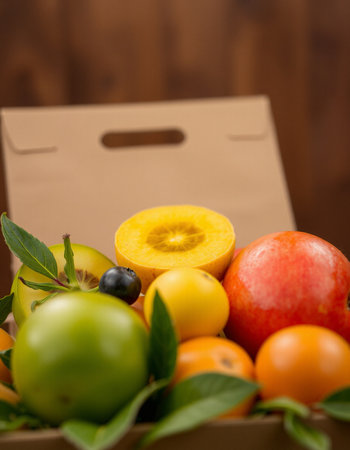 Fresh fruits and vegetables in a paper bag on a wooden background.の写真素材
