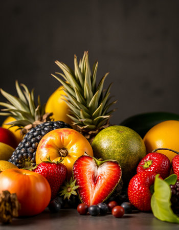 Assortment of fresh fruits and vegetables on dark background. Healthy food concept.の写真素材
