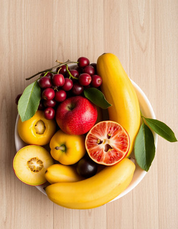 Fresh fruits in a bowl on a wooden background. Top view.の写真素材