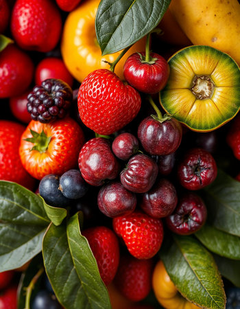 Mix of fresh fruits and berries. Top view. Healthy food backgroundの写真素材