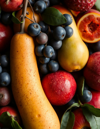 Variety of fresh fruits and berries including apples, pears, oranges, grapefruits and blueberries.の写真素材