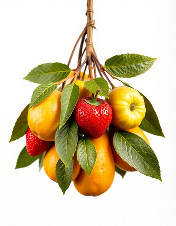 Fruits on a branch with leaves isolated on a white background.の写真素材