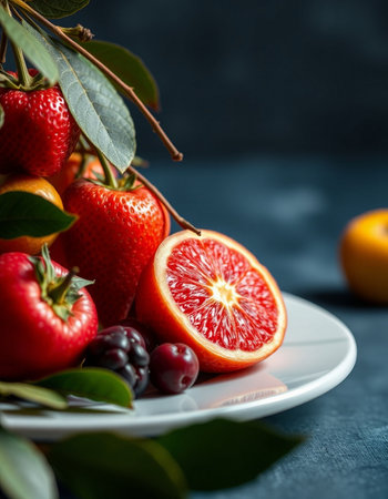 Fresh fruits on a white plate on a dark background, selective focus.の写真素材