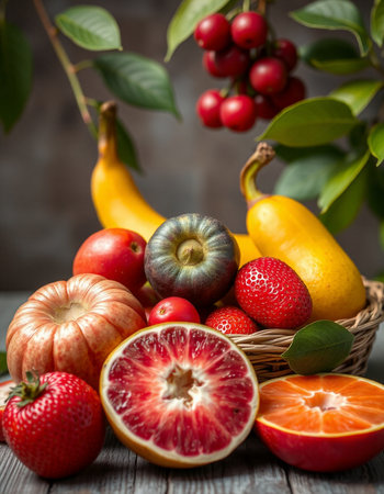 Fruits in a basket on a wooden background. Healthy food.の写真素材