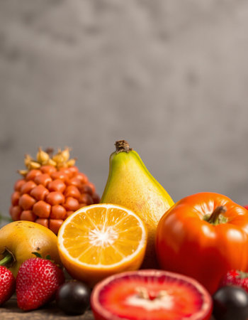 Fresh fruits and vegetables on wooden table. Healthy eating concept. Copy space.の写真素材