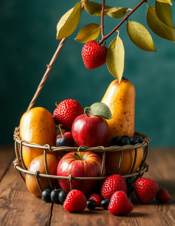 Basket with fresh fruits and berries on wooden table, closeup