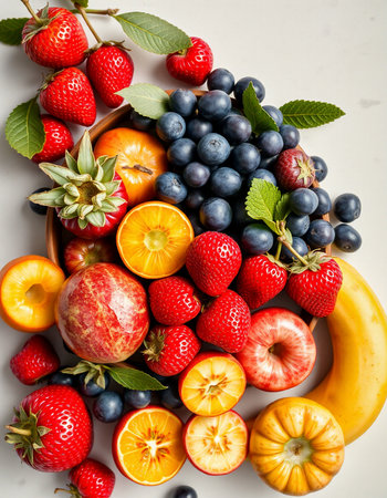 Mix of fresh fruits and berries on a white background. Top view.