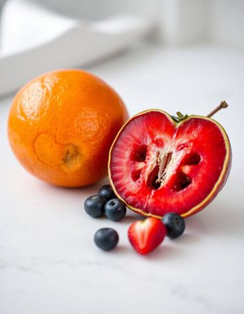 Orange and blueberry on a white marble table, selective focus.の写真素材