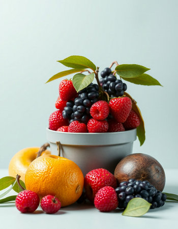 Mix of fresh berries and fruits in a bowl on a gray backgroundの写真素材