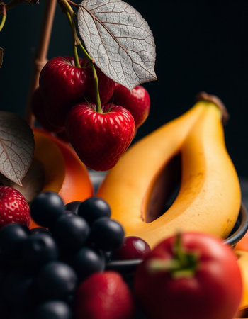 Still life with fresh fruits and berries on dark background. Selective focus.の写真素材
