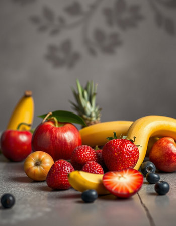 Fresh fruits and berries on grey background. Healthy food concept. Close up.の写真素材