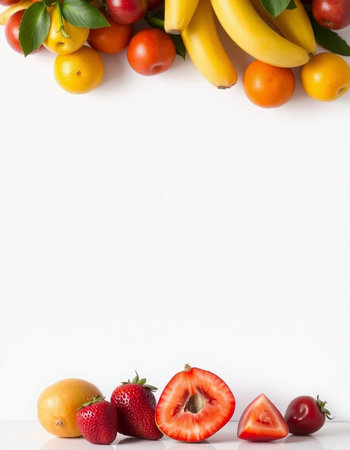 Fruits and vegetables on a white background with space for text.
