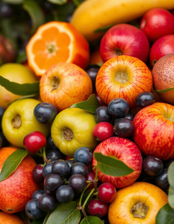 Variety of fresh fruits and berries as background, closeup.
