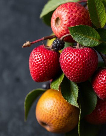 Fresh fruits on a dark background, close-up, selective focus.