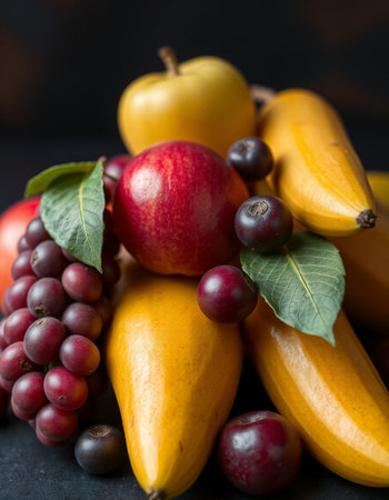Fresh fruits on a black background, selective focus, close-up