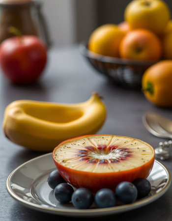 Fruit salad with banana, blueberry and apple on the tableの写真素材