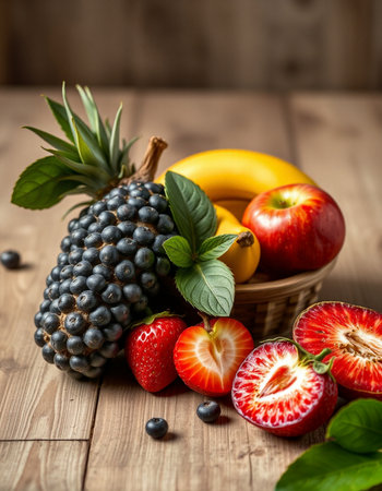 Fresh fruits and berries on a wooden background. Selective focus.の写真素材