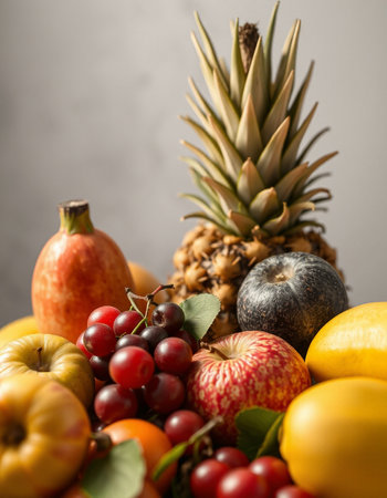 Fruits were placed together with a grey background, shot in the studioの写真素材