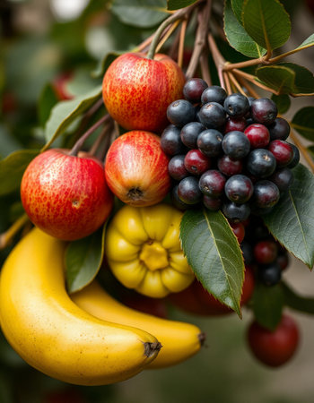 Fruits on the branches of a tree in the gardenの写真素材