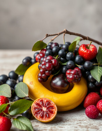 Mix of fresh berries and fruits on a wooden table, selective focusの写真素材