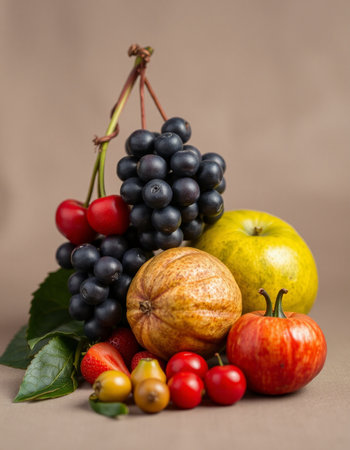 Fruits and berries on a brown background.
