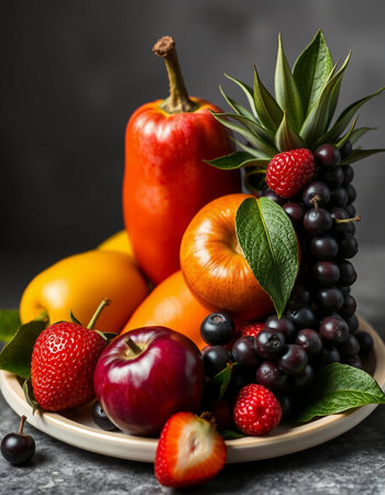 Assortment of fresh fruits and berries in a plate on a dark background