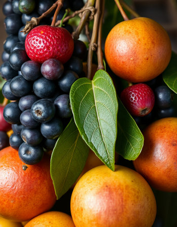 Close up of a bunch of different fruits with leaves and berries.