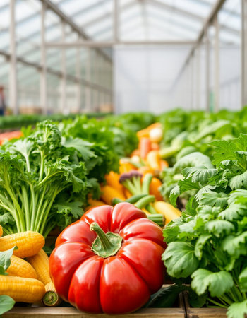 Organic vegetables in a greenhouse. Vegetables and fruits in a greenhouse.の写真素材