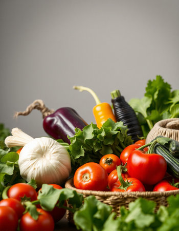 Fresh vegetables in a basket on a gray background. Healthy food.の写真素材