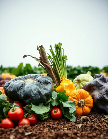 Organic vegetables on soil background. Healthy food concept. Selective focus.