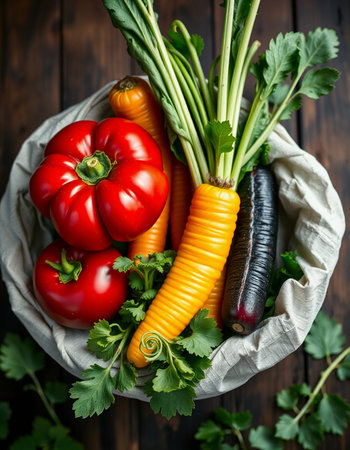 Fresh vegetables in a bag on a wooden background. Healthy food.