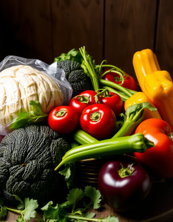 Fresh vegetables in a basket on a wooden background. Healthy food.