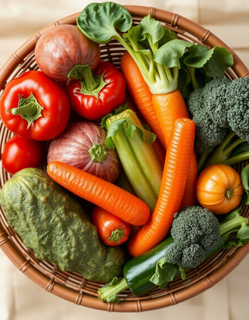 Basket with fresh vegetables on table, top view. Healthy food