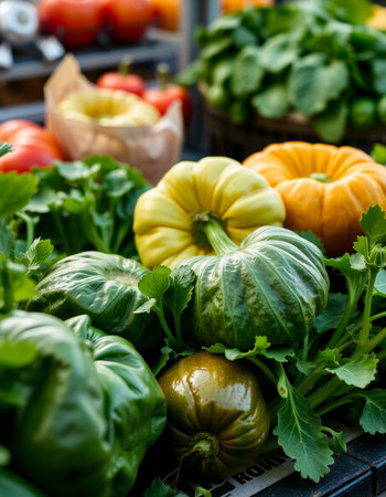 Pumpkin, zucchini, tomato and basil on the marketの写真素材