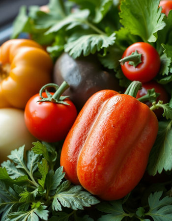 Fresh organic vegetables with parsley and tomatoes on a dark background.