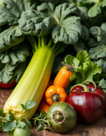 close up of a group of fresh vegetables on a rustic wooden table