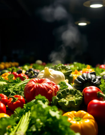 vegetables on the counter of a grocery store in the darkの写真素材
