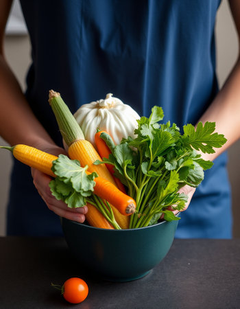 Young woman in a blue apron holding a bowl with fresh vegetablesの写真素材