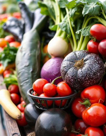 Variety of fresh organic vegetables on wooden background. Healthy food.