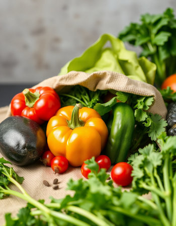 Fresh vegetables in a bag on a wooden background. Healthy food.