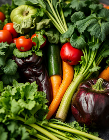 Variety of fresh organic vegetables on dark background. Healthy food concept.