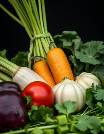 Variety of fresh vegetables on black background. Healthy eating concept.