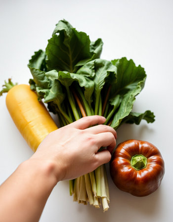 Woman's hand holding a bunch of vegetables on a white background.