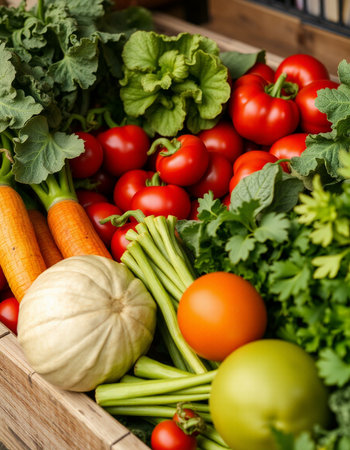 Fresh vegetables in a wooden box. Selective focus. Food background