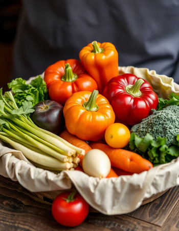 vegetables in a basket on the wooden table, closeupの写真素材